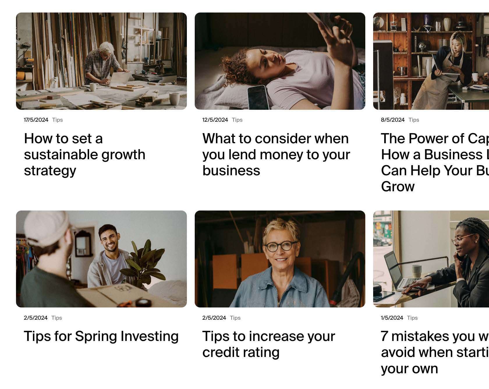 Grid of blog article thumbnails and headlines