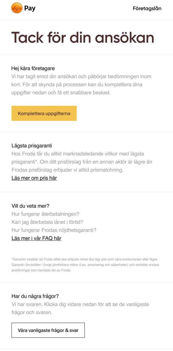 Mobile screen reading "Tack för din ansökan" (Thank you for your application)