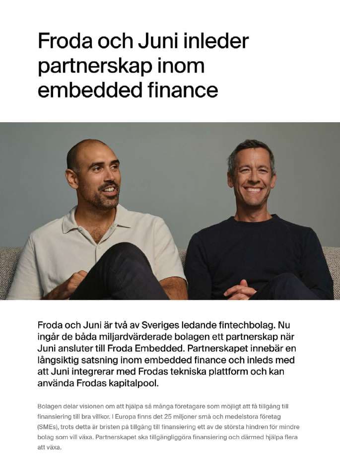 Mock press article announcing a Froda embedded-finance partnership